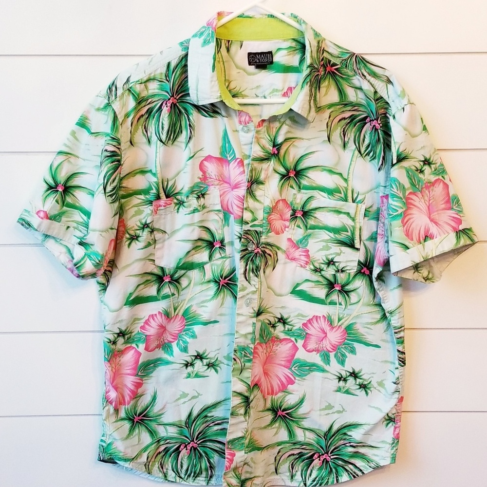 90s inspired men's tropical floran print button up